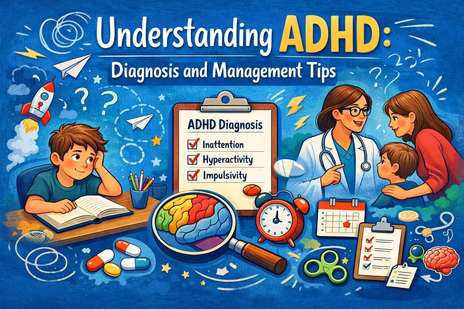 Blog banner showing Understanding ADHD: Diagnosis and Management Tips with child, doctor, and ADHD checklist