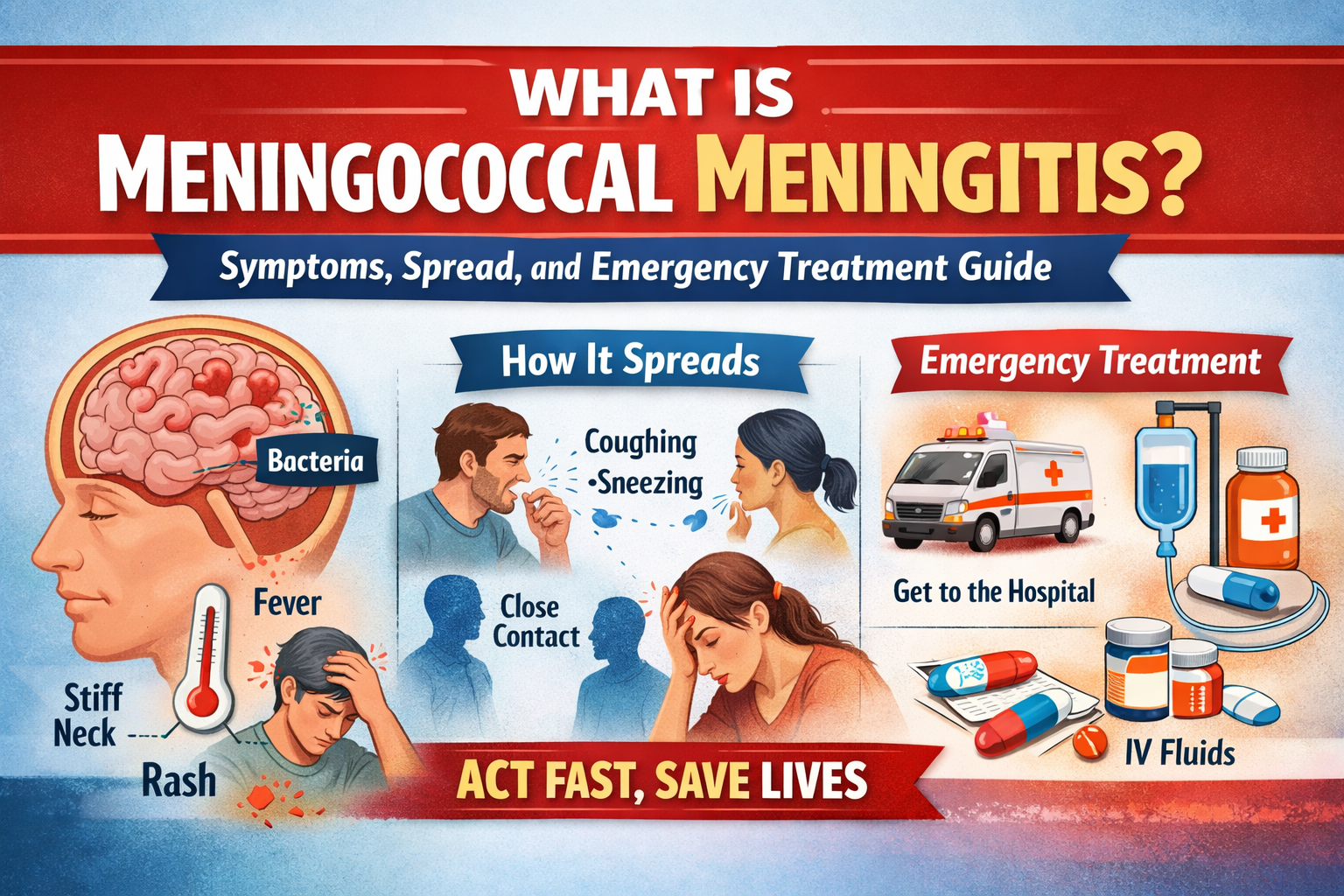 Doctor explaining meningococcal meningitis symptoms, brain infection caused by Neisseria meningitidis, emergency treatment and prevention
