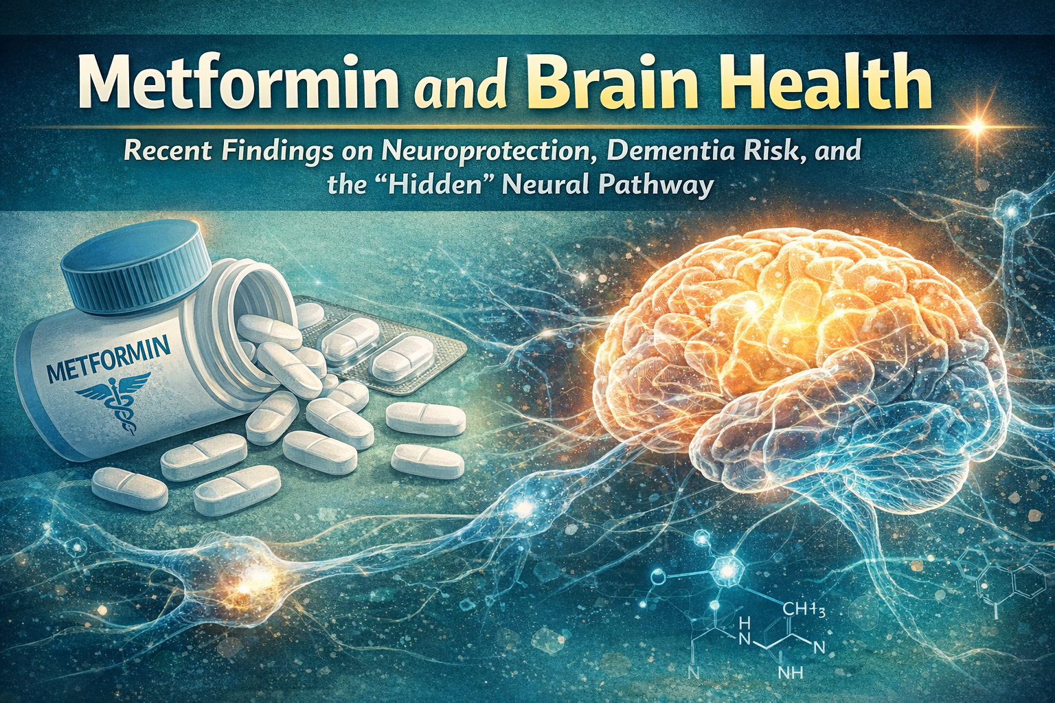 Illustration of Metformin effects on brain pathways showing neuroprotection, reduced dementia risk, and activation of neural cells in the human brain
